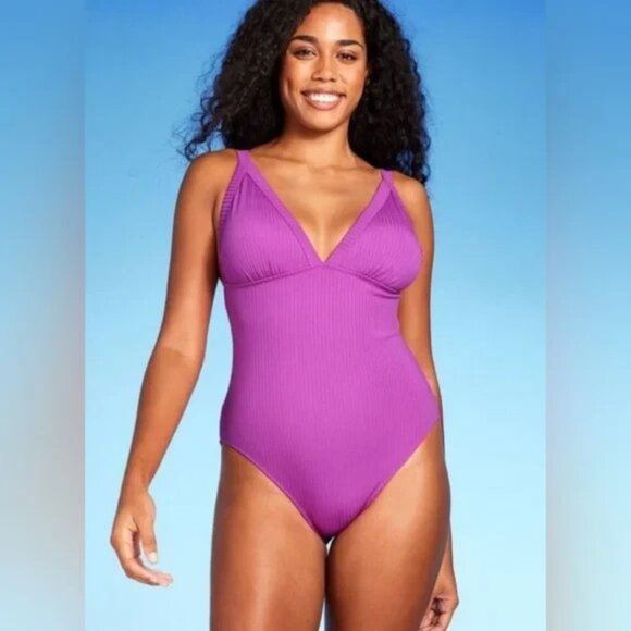 Women's Shade & Shore V-Neck Ribbed One Piece Swimsuit Fuchsia Medium (8-10) - Picture 1 of 16